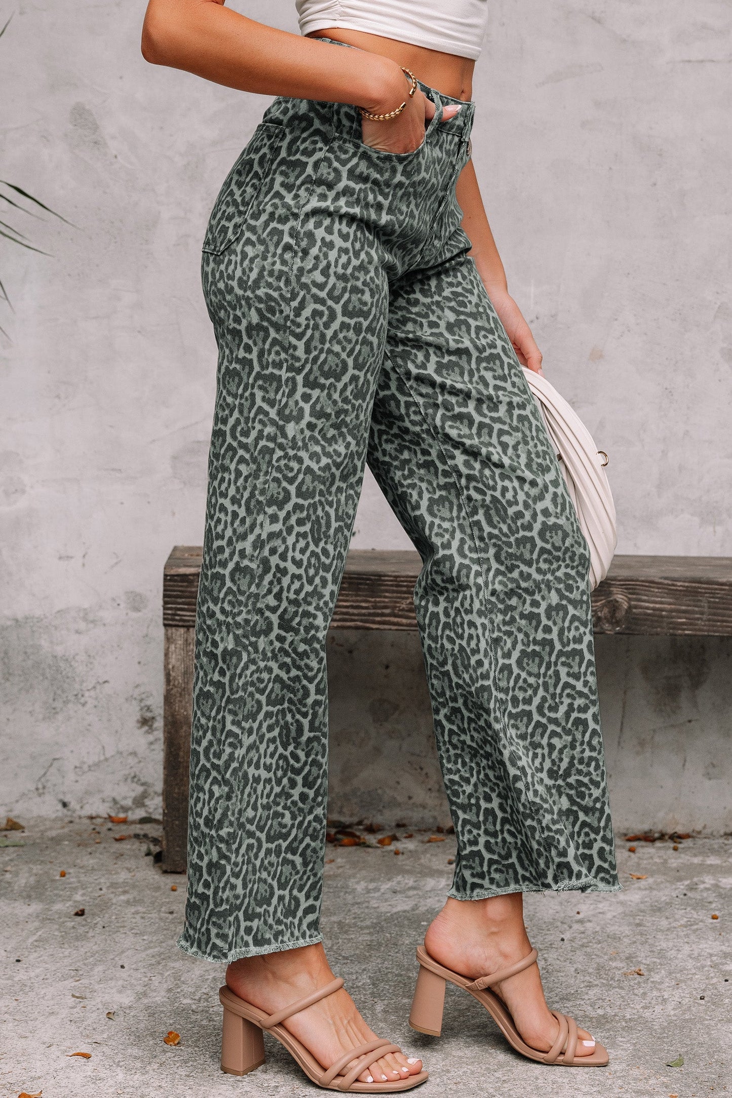 Hazel Blues® |  Gray Leopard Frayed Edge Wide Leg High Waist Jeans