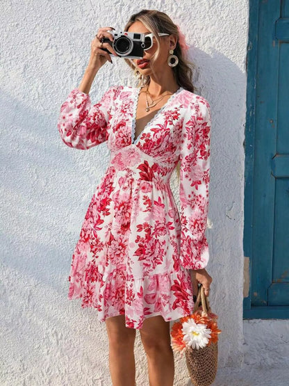 Hazel Blues® | Floral Print V-Neck Long Sleeve Ruffle Hem Mini Dress