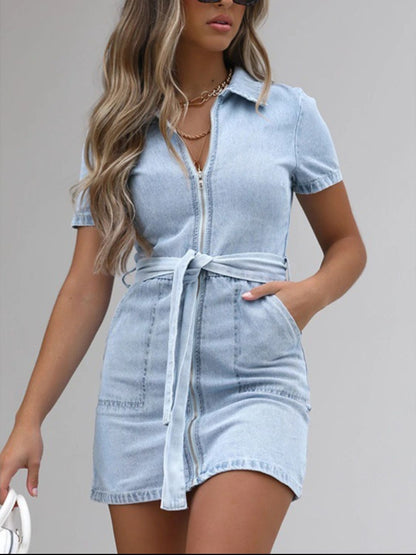 Hazel Blues® | Zip Front Short Sleeve Denim Dress