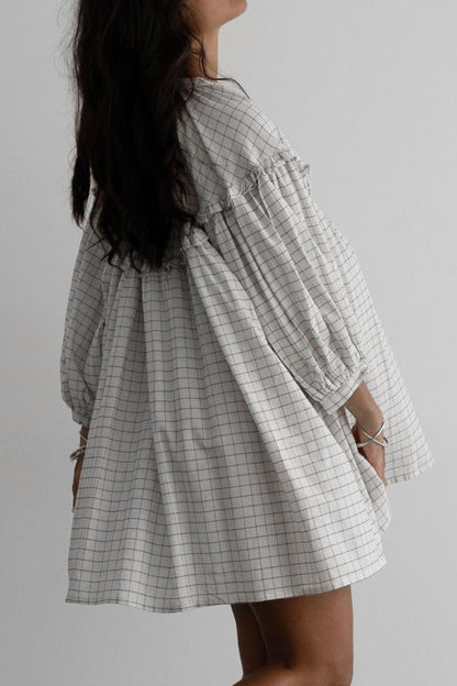 Hazel Blues® |  Frill Plaid Notched Balloon Sleeve Mini Dress