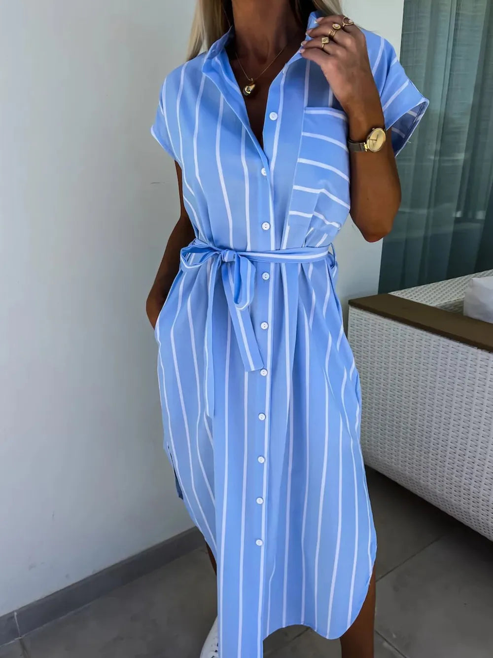 Hazel Blues® |  Striped Tie Waist Short Sleeve Dress
