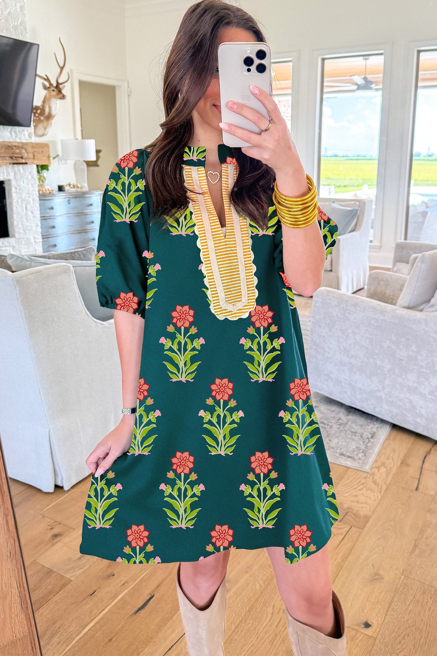 Hazel Blues® |  Green Floral Print Contrast Trim Striped Patchwork Short Sleeve Dress