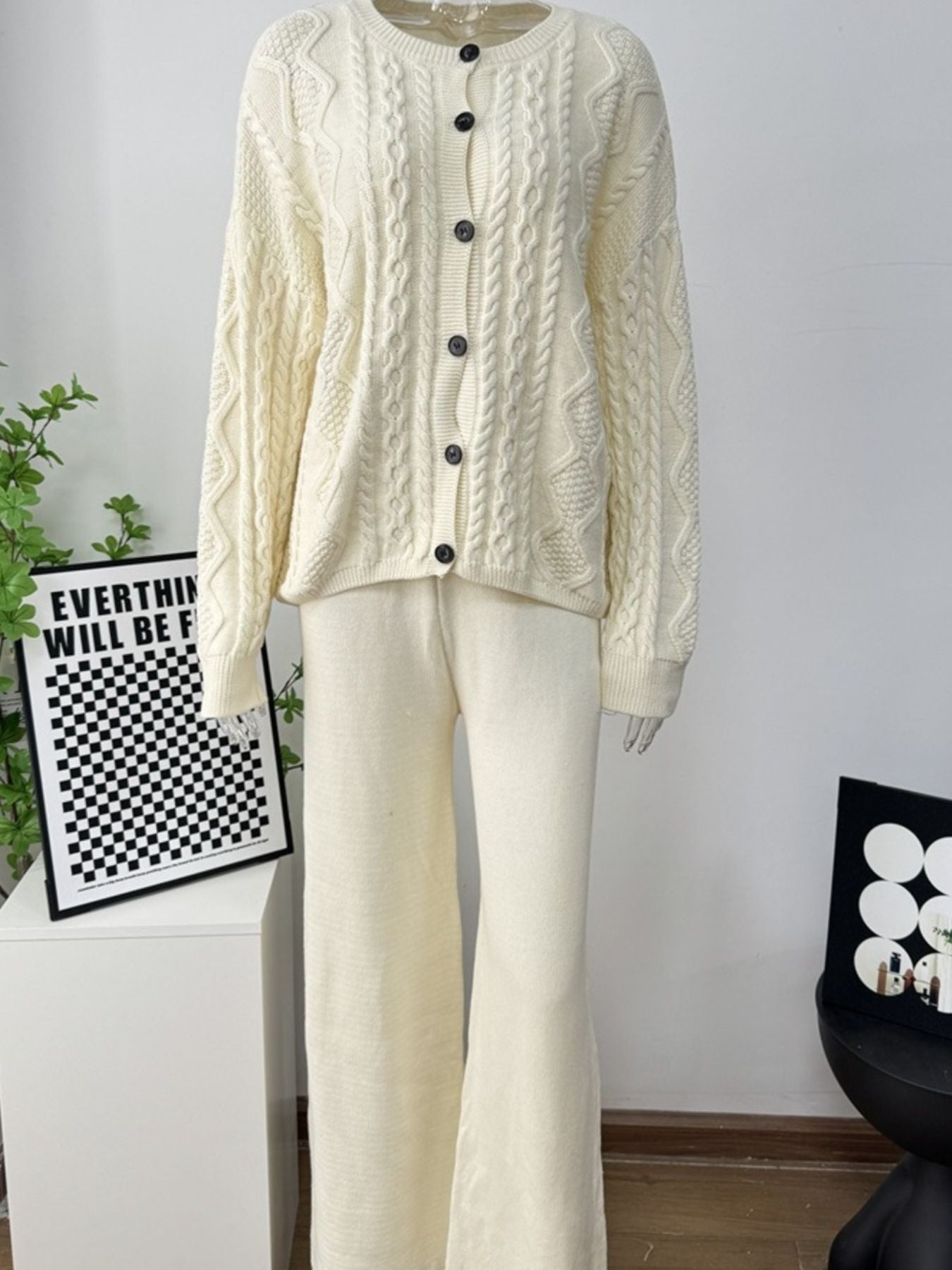 Hazel Blues® |  Cable Knit Cardigan & Wide Leg Pants Sweater Set