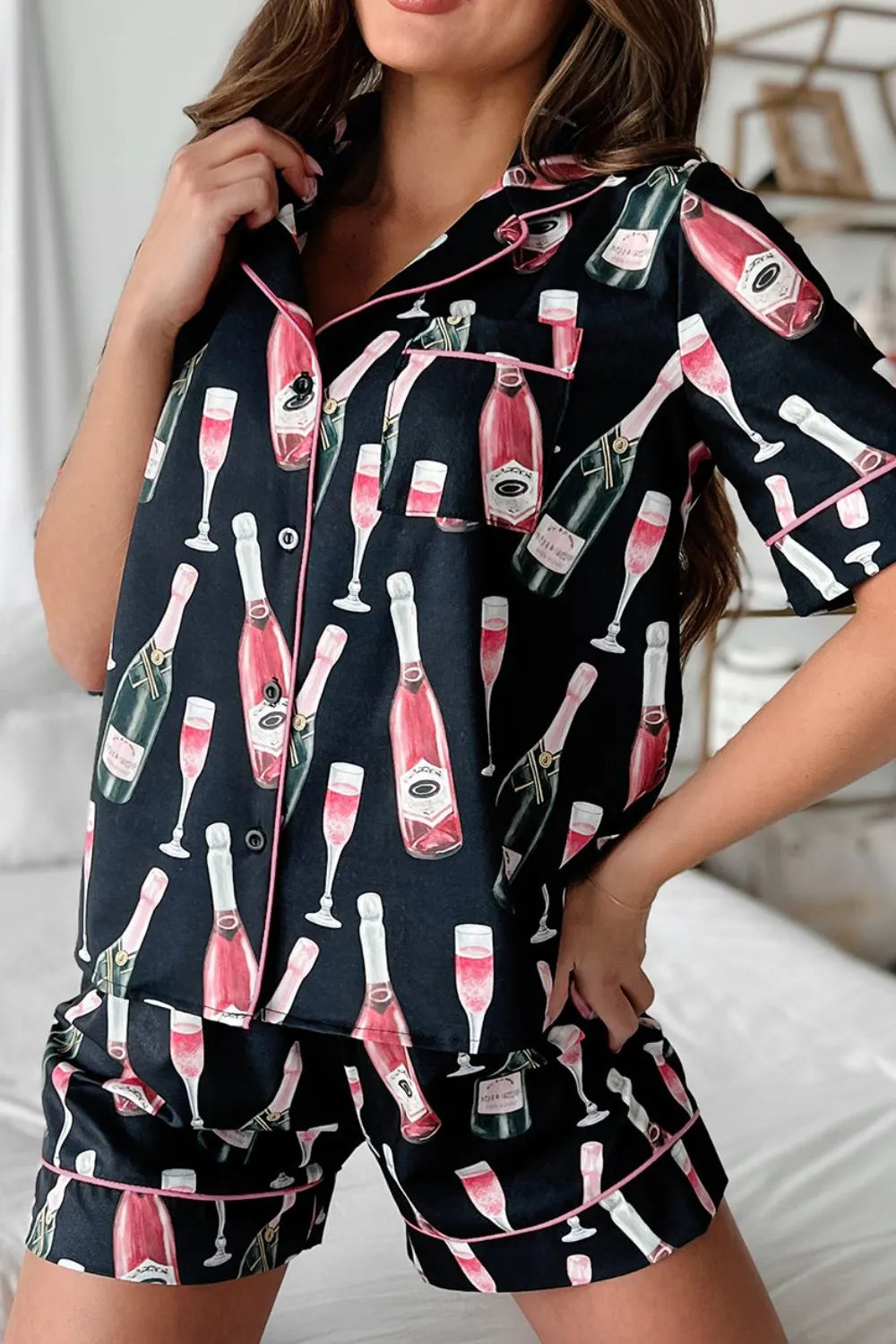 Hazel Blues® |  Champagne Print Short Sleeve Top and Shorts Set