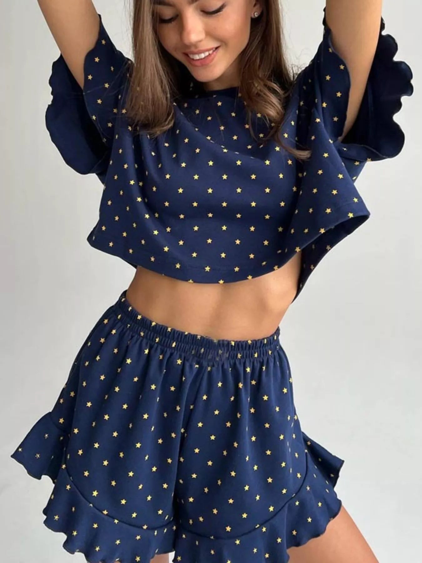 Hazel Blues® |  Printed Crop Top and Ruffled Shorts Lounge Set