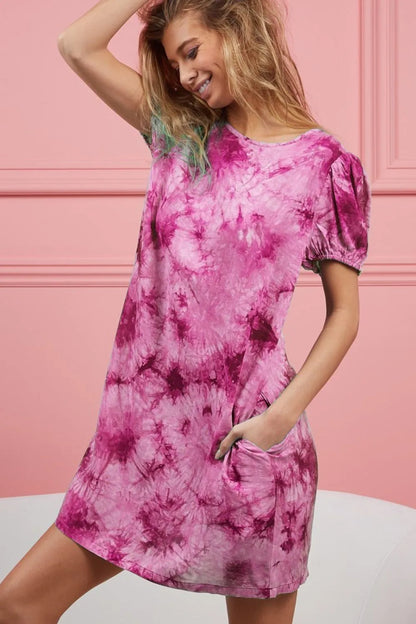 Hazel Blues® |  BiBi Puff Sleeve With Side Pockets Tie Dye Dress