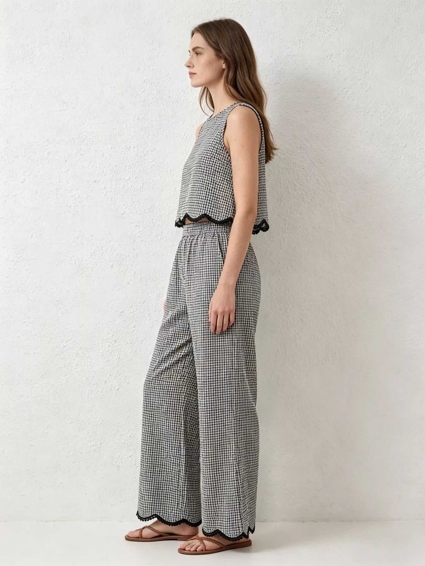 Hazel Blues® |  Plaid Scalloped Trim Tank and Pants Set