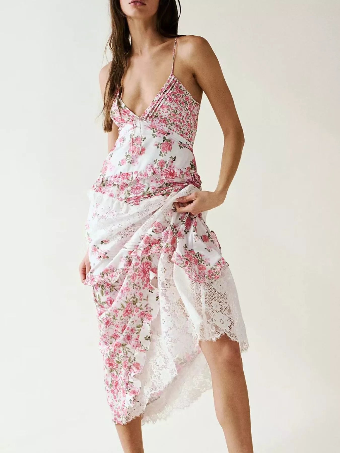Hazel Blues® |  Lace Floral Print Ruffle Trim Maxi Dress