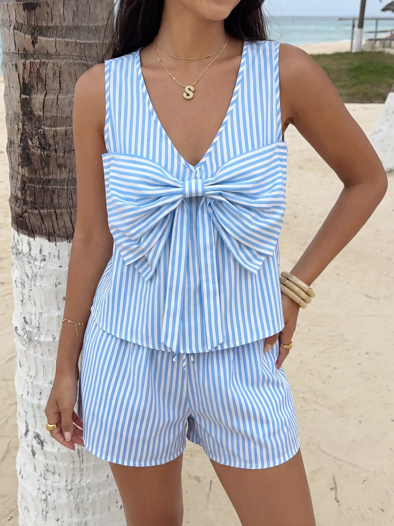Hazel Blues® |  Striped Bowknot Sleeveless Top & Shorts Set