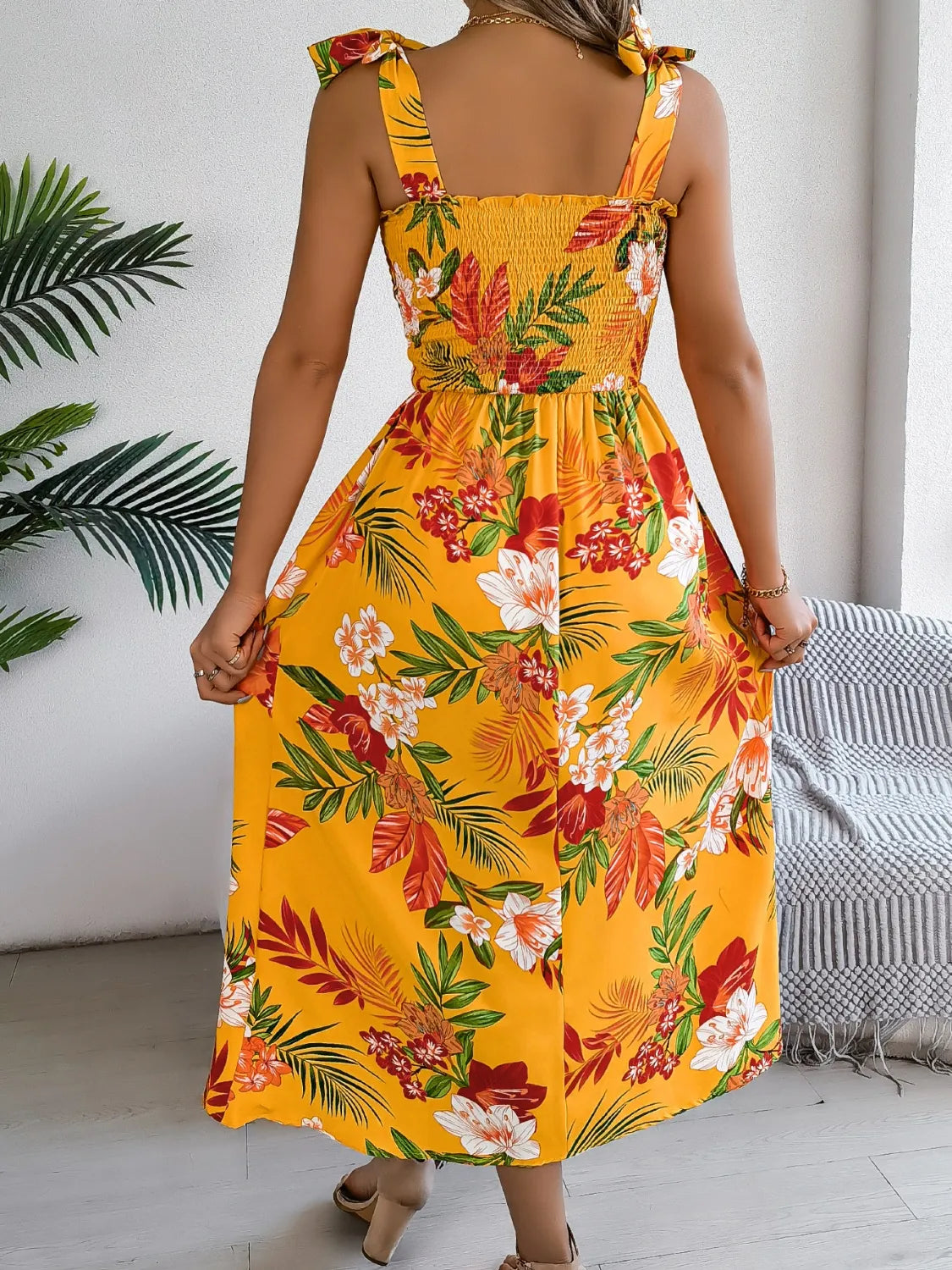 Hazel Blues® |  Smocked Floral Tie Shoulder Midi Dress