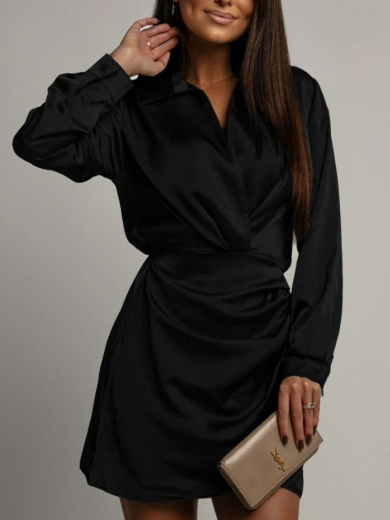 Hazel Blues® |  Collared Neck Long Sleeve Satin Dress