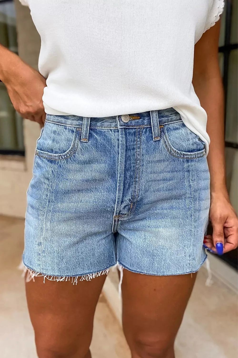 Hazel Blues® |  Frayed Hem High-Waisted Denim Shorts