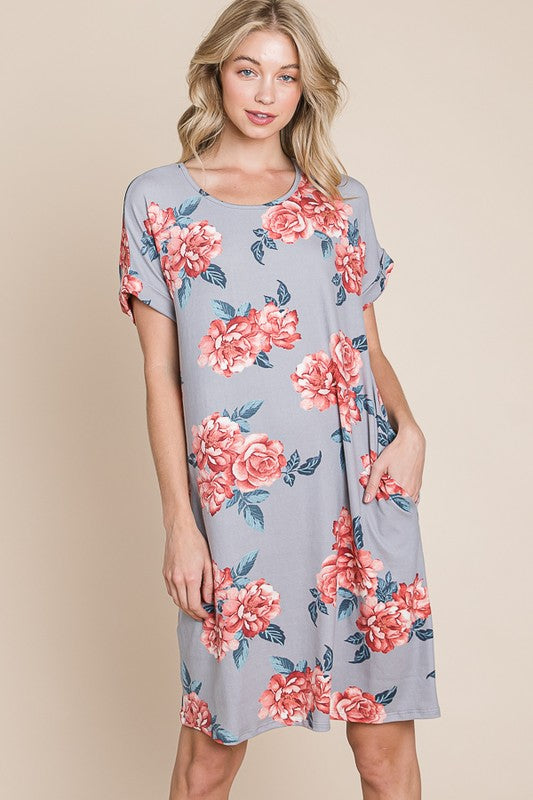 Hazel Blues® |  BOMBOM Floral Round Neck Short Tee Dress with Pockets