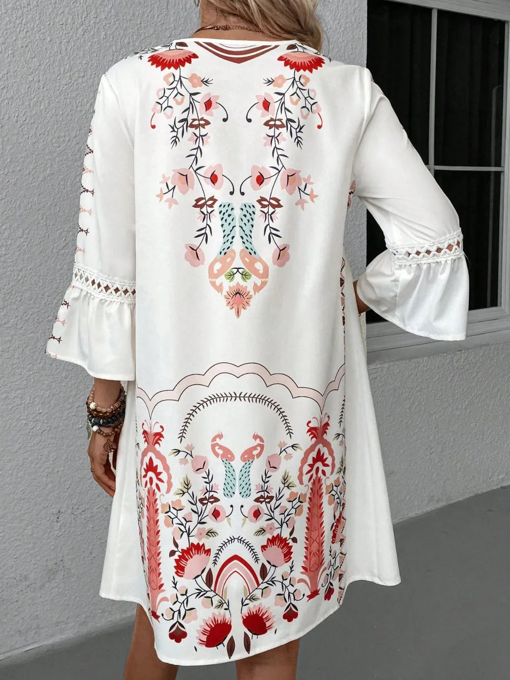 Hazel Blues® |  Lace Detail Printed Three-Quarter Sleeve Dress