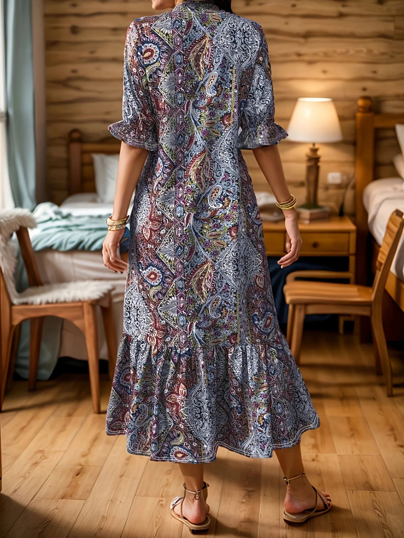Hazel Blues® | Bohemian Paisley Print Ruffle Hem Midi Dress
