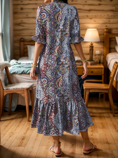 Hazel Blues® | Bohemian Paisley Print Ruffle Hem Midi Dress