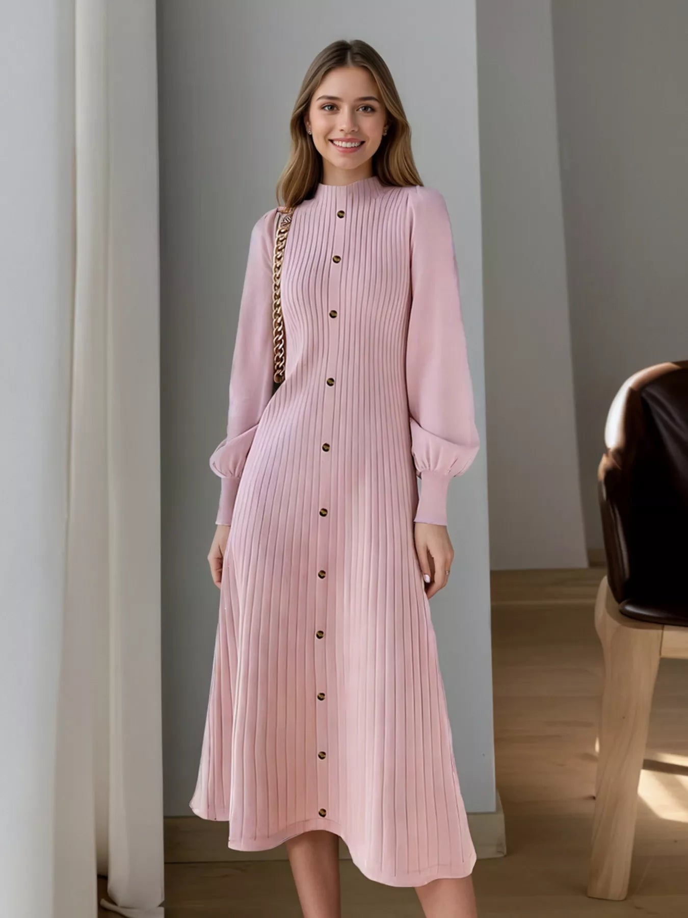 Hazel Blues® |  Ribbed Knit Mock Neck Midi Dress