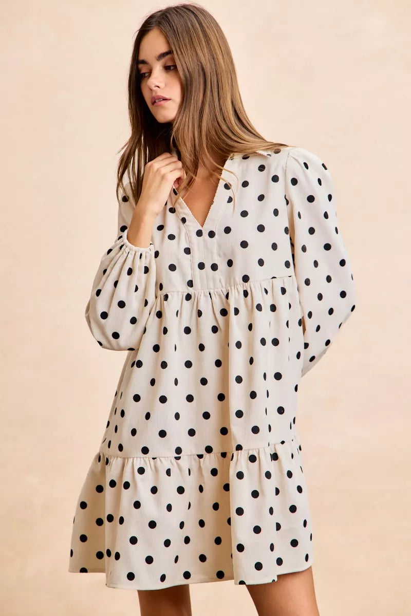 Hazel Blues® |  BiBi Polka Dot Corduroy Collared V Neck Dress