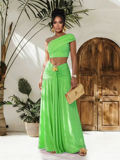 Hazel Blues® |  One-Shoulder Top and Ruched Maxi Skirt Set