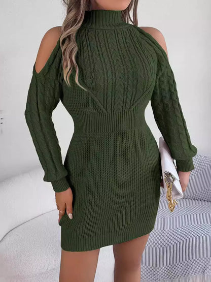 Hazel Blues® |  Cold Shoulder Cable Knit Turtleneck Sweater Dress
