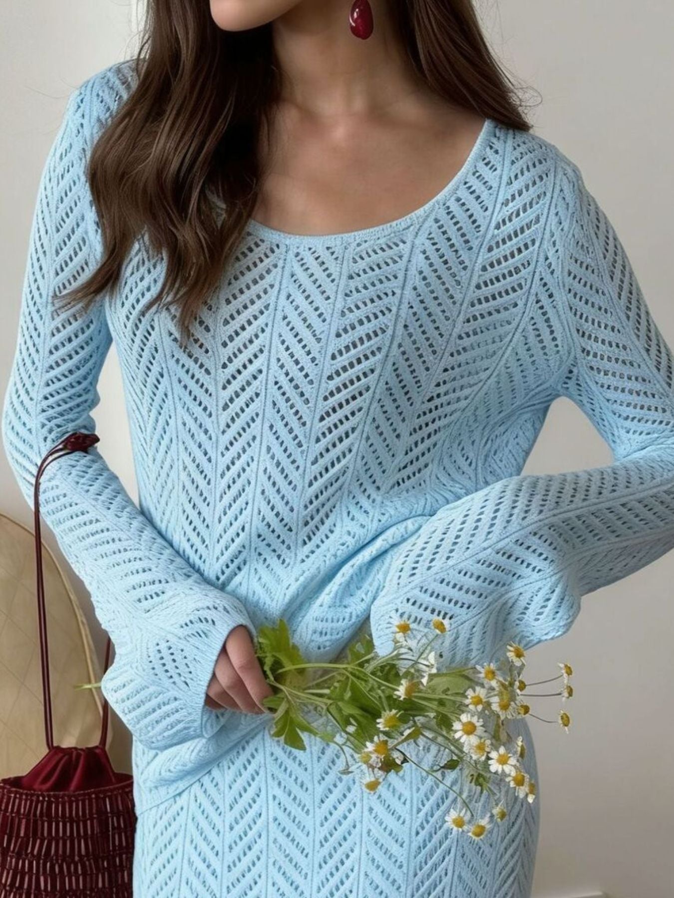 Hazel Blues® |  Openwork Long Sleeve Knit Top and Skirt Set