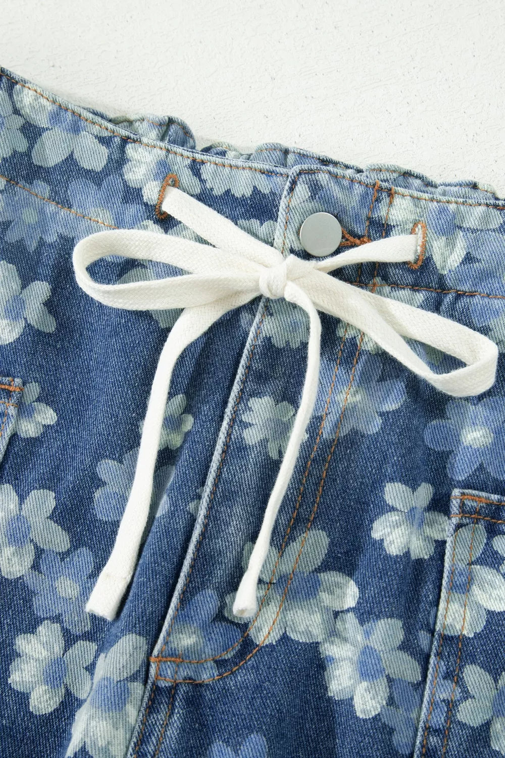 Hazel Blues® |  Dainty Floral Printed Drawstring Barrel Jeans