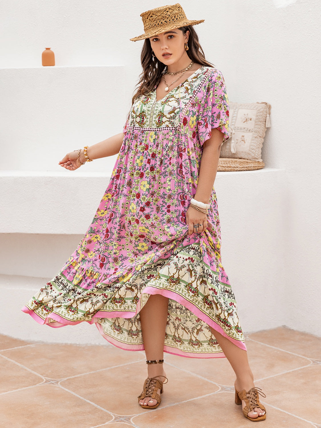 Hazel Blues® | Floral Tie Neck Flutter Sleeve Maxi Dress