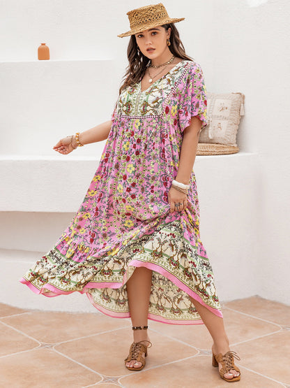 Hazel Blues® | Floral Tie Neck Flutter Sleeve Maxi Dress