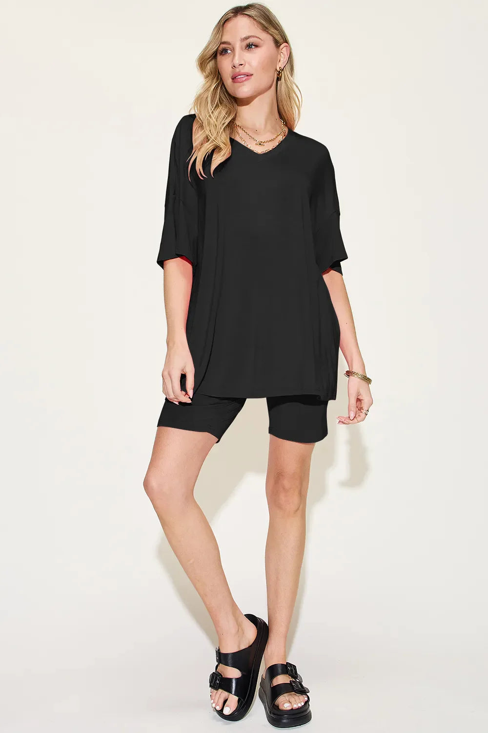 Hazel Blues® |  Basic Bae Bamboo V-Neck Drop Shoulder T-Shirt and Shorts Set