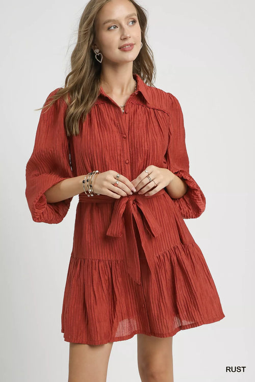 Hazel Blues® |  Umgee Crinkle Button-Front Tiered Mini Dress with Waist Tie