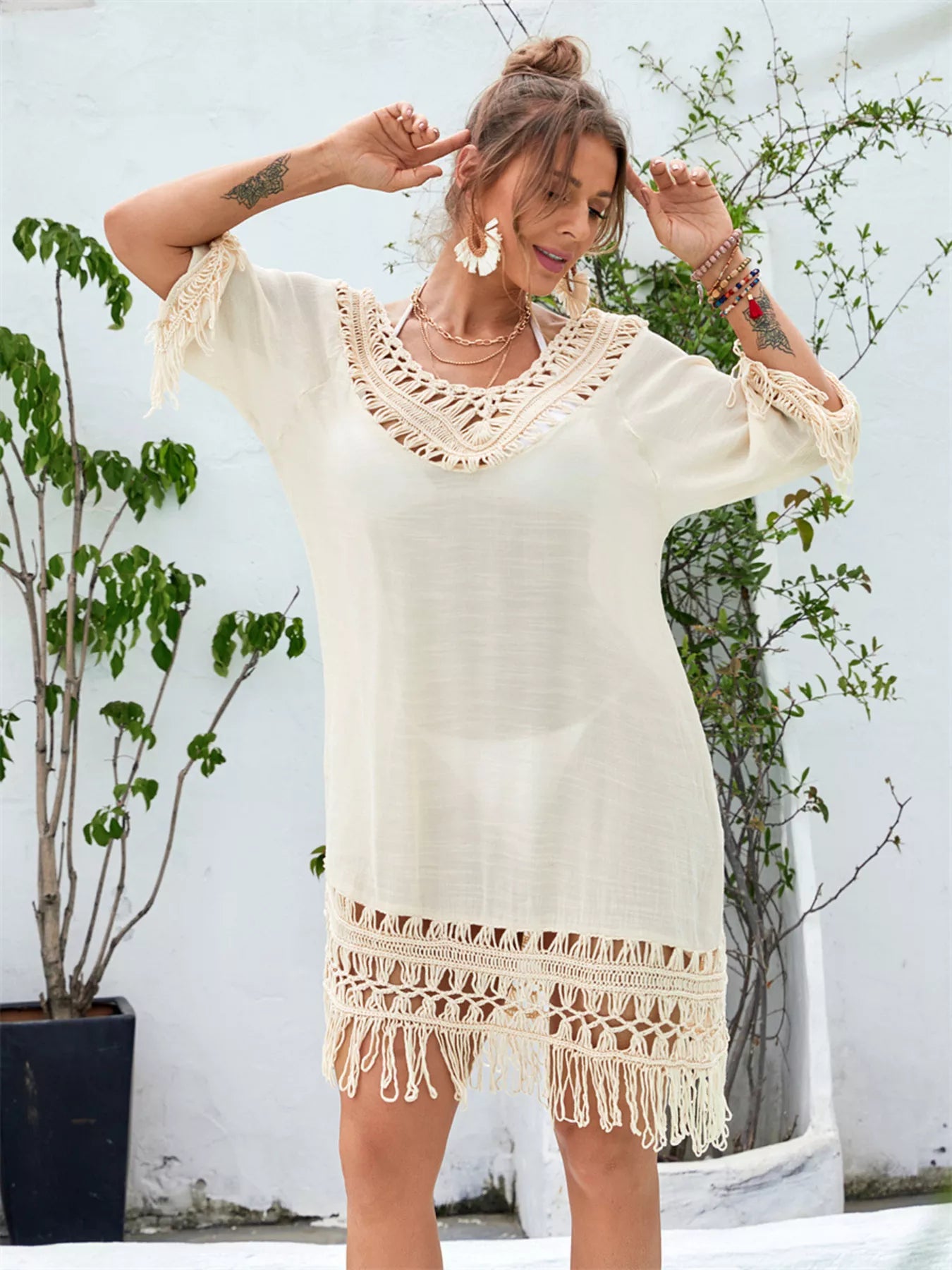 Hazel Blues® | Fringe Crochet V-Neck Cover-Up Dress
