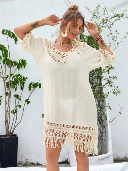 Hazel Blues® | Fringe Crochet V-Neck Cover-Up Dress