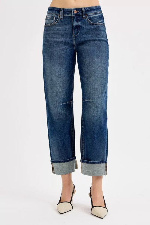Hazel Blues® |  RISEN Slouchy Crop Barrel Cuffed Jeans
