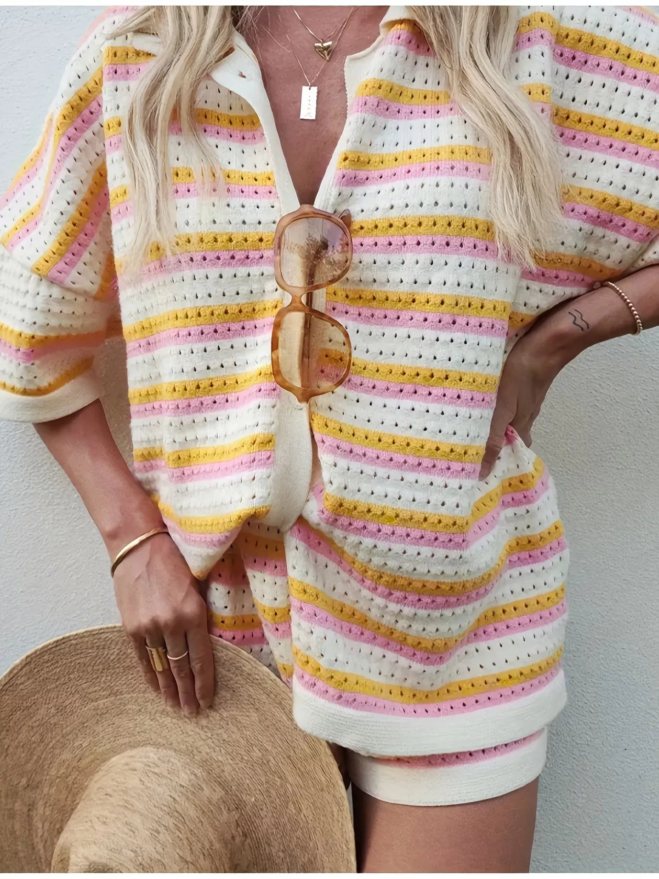 Hazel Blues® |  Openwork Button Up Top and Shorts Set