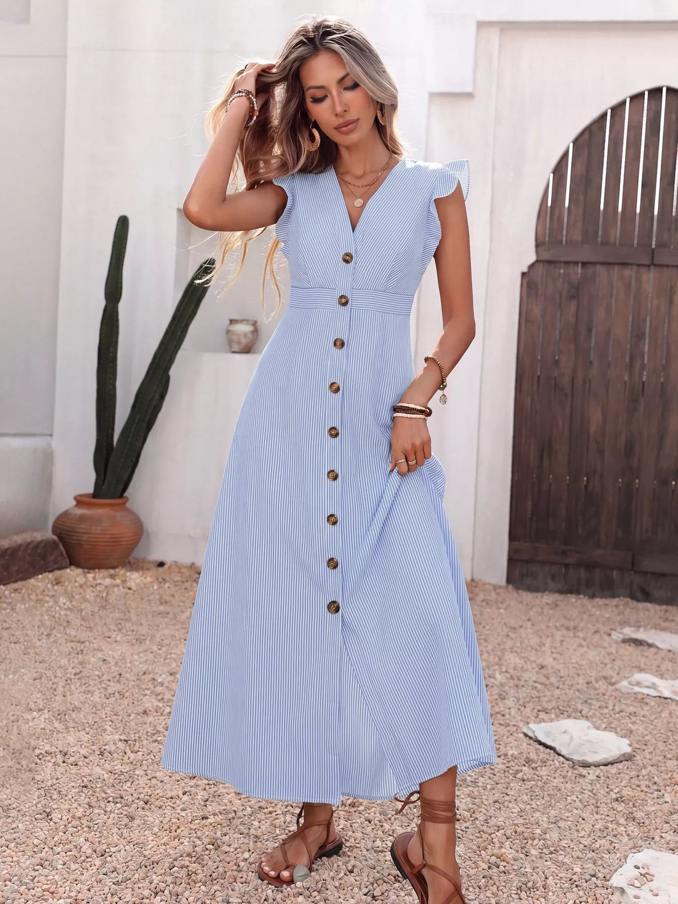 Hazel Blues® |  Ruffle Sleeve Button Front Midi Dress