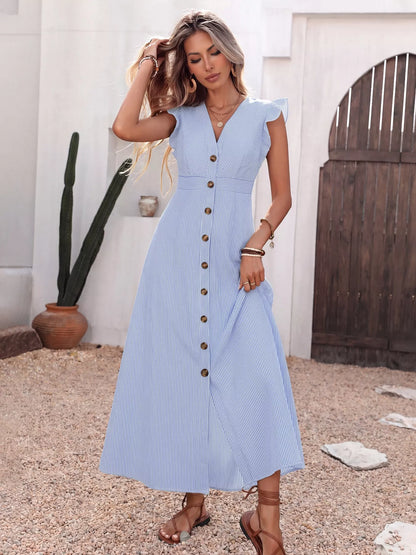 Hazel Blues® |  Ruffle Sleeve Button Front Midi Dress