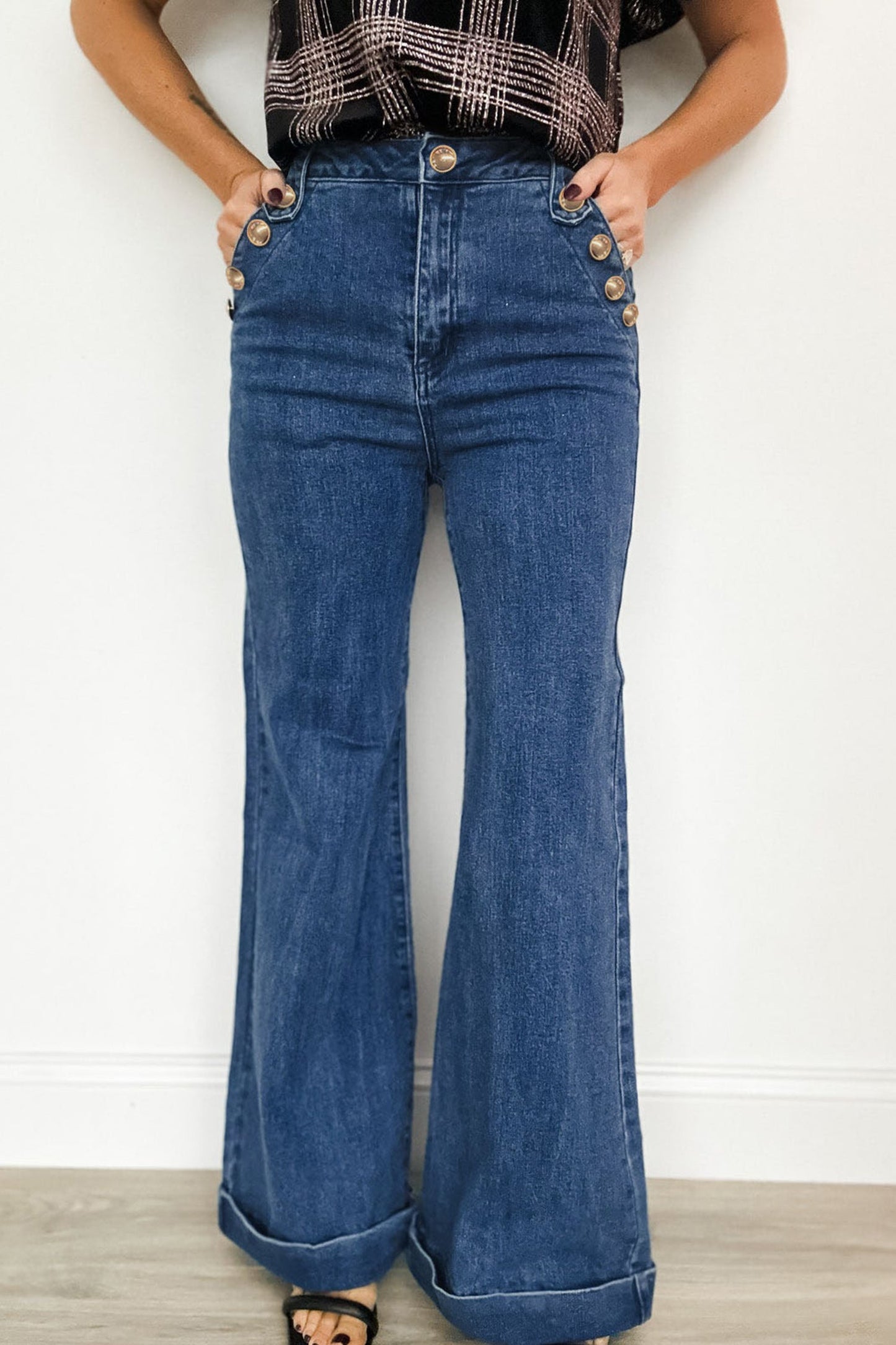 Hazel Blues® |  Ashleigh Blue Golden Button Detail Rolled Edge Flare Leg Jeans