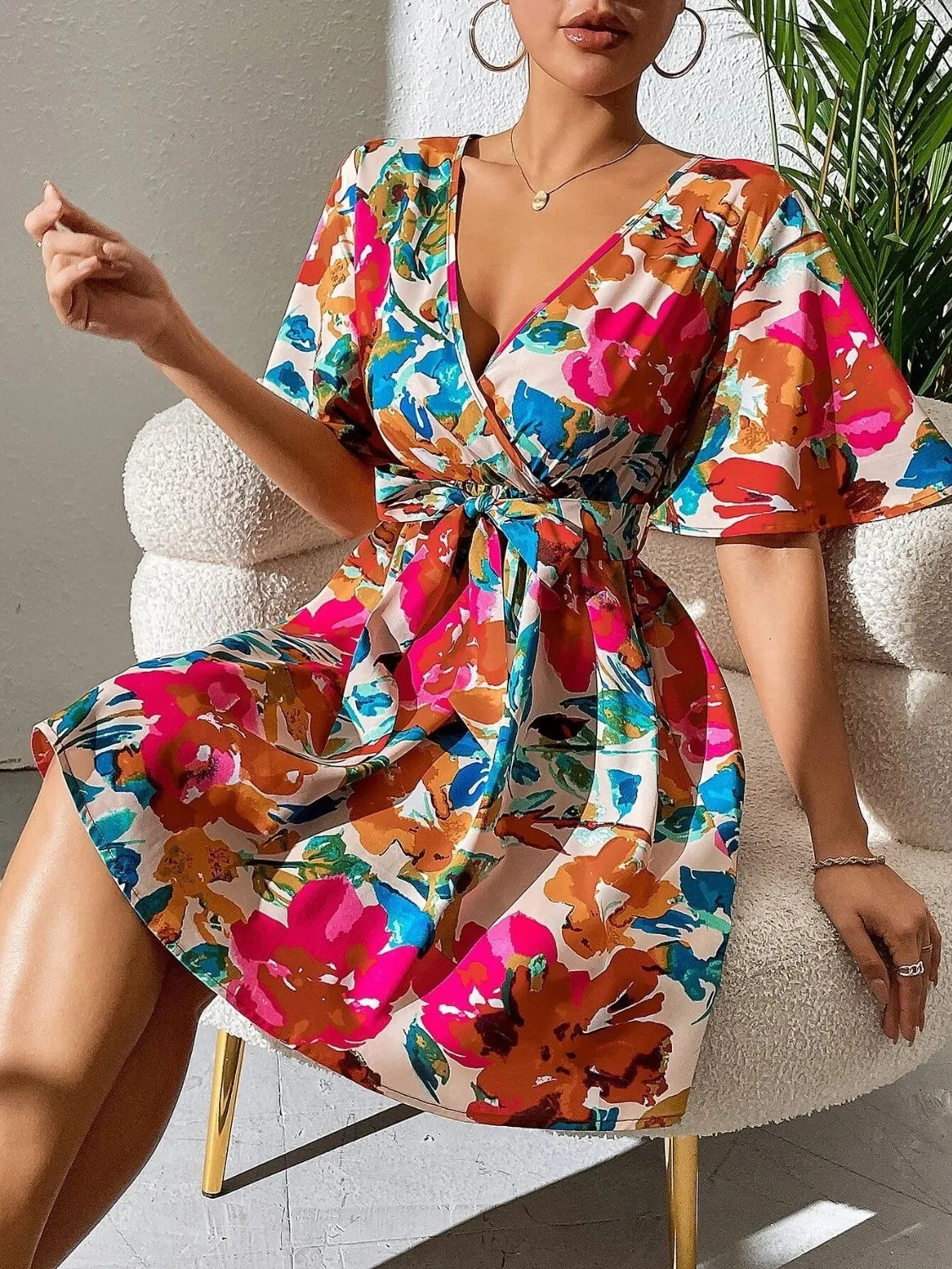Hazel Blues® |  Printed Surplice Short Sleeve Mini Dress