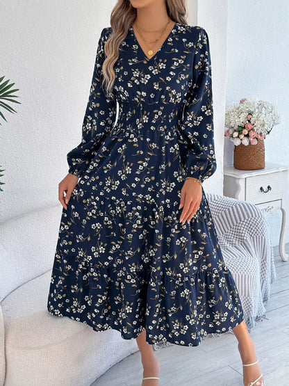 Hazel Blues® |  Floral Print Long Sleeve V-Neck Midi Dress