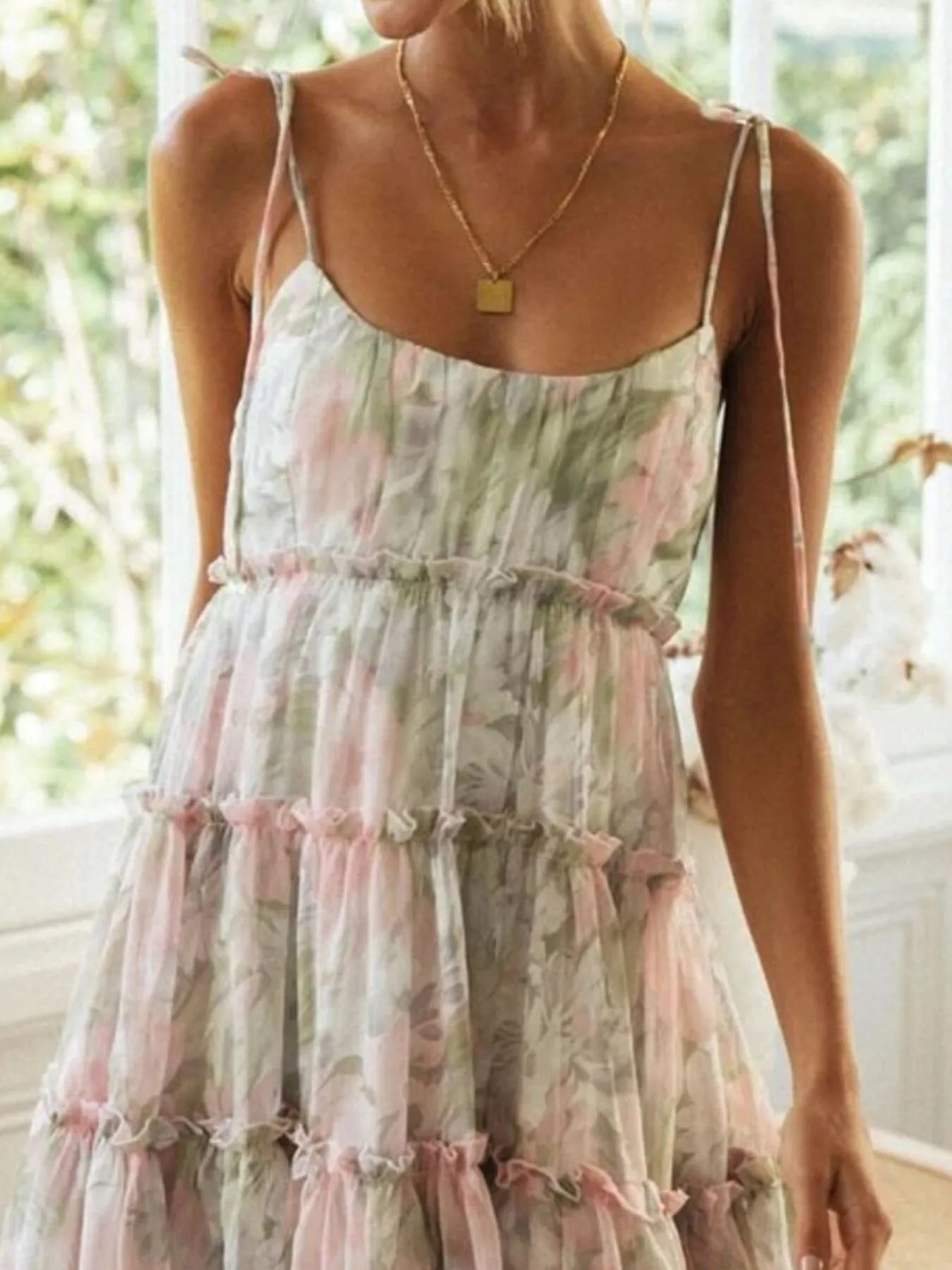 Hazel Blues® |  Printed Tie-Strap Tiered Mini Dress