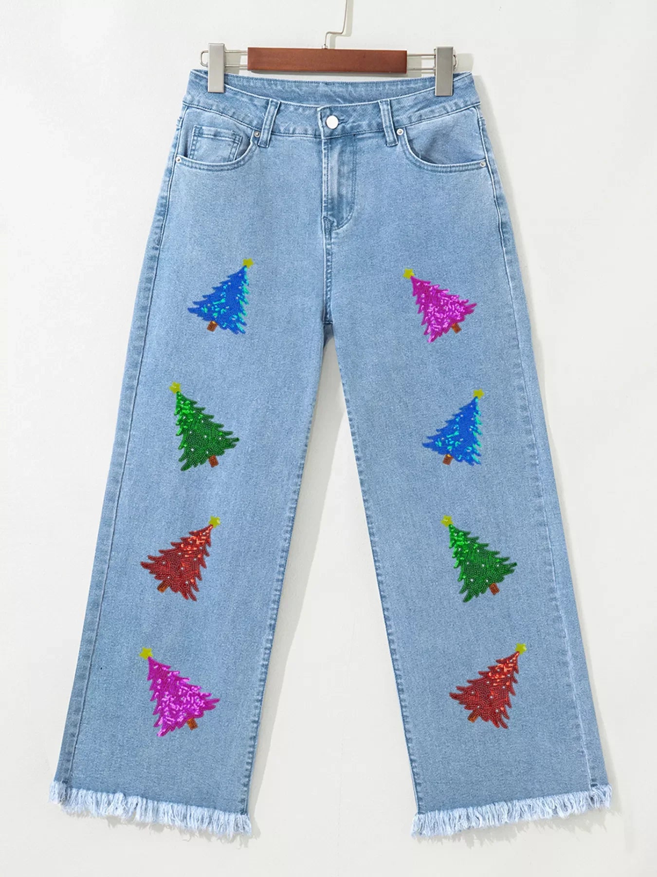 Hazel Blues® |  Colorful Sequin Christmas Tree Patched Raw Hem Cropped Wide Leg Jeans