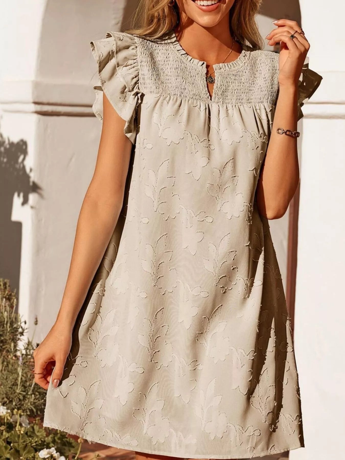 Hazel Blues® |  Floral Embossed Ruffle Sleeve Mini Dress