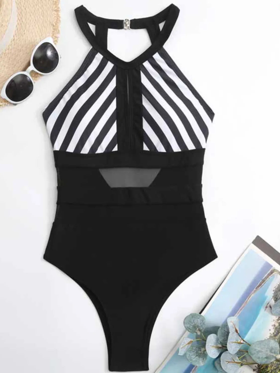 Hazel Blues® | Mesh Detail Backless Striped One-Piece Swimsuit