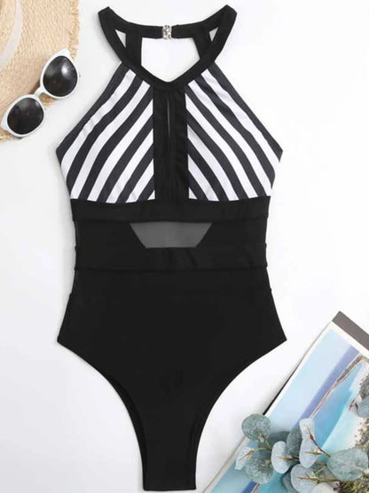 Hazel Blues® | Mesh Detail Backless Striped One-Piece Swimsuit