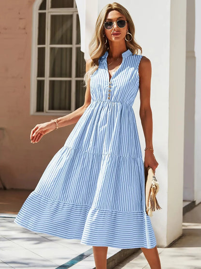 Hazel Blues® |  Striped Sleeveless Tiered Midi Dress