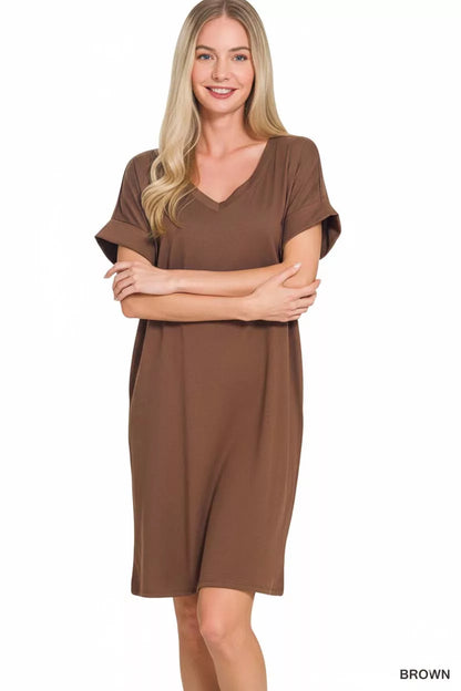 Hazel Blues® |  Zenana Brushed Dty Rolled Short Sleeve V-Neck Dress