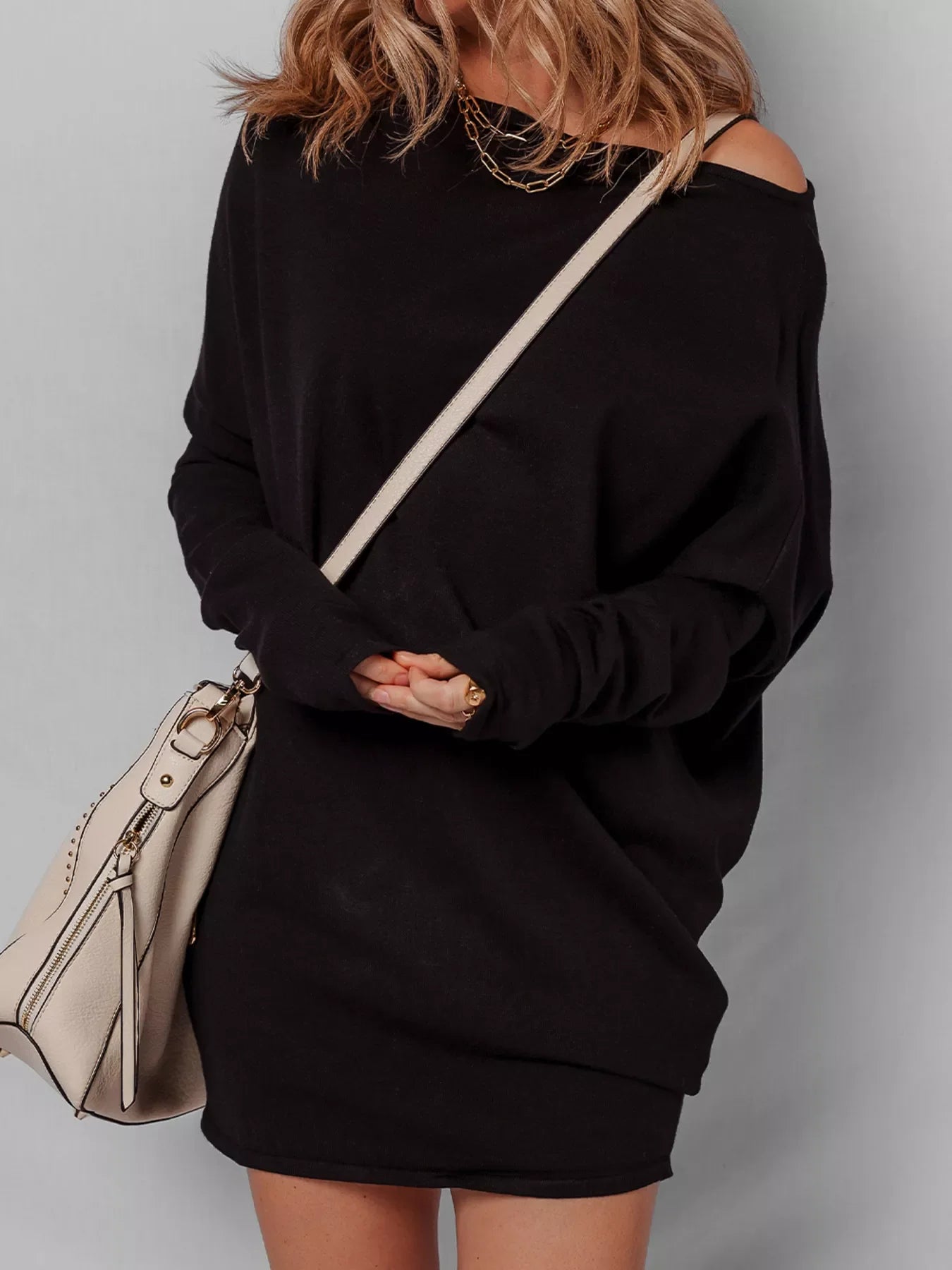 Hazel Blues® |  Asymmetric Neck Batwing Sleeve Shift Mini Sweater Dress