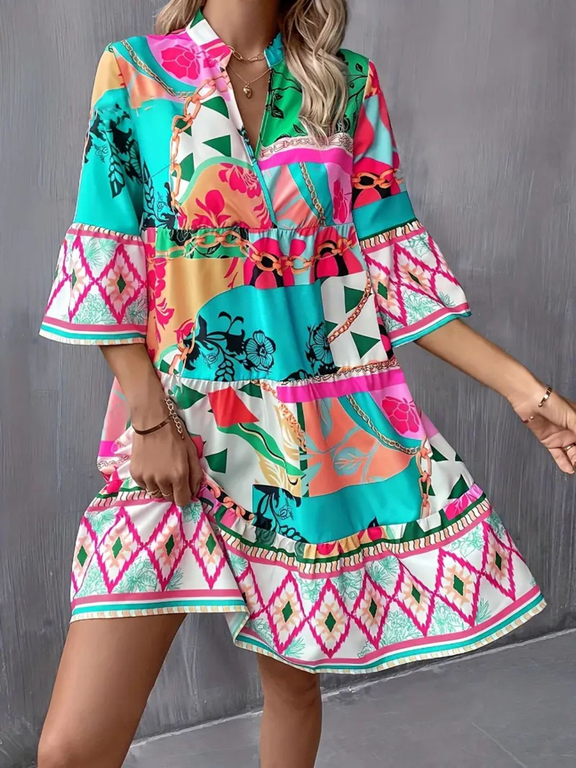 Hazel Blues® |  Printed Notched 3/4 Sleeve Tiered Dress
