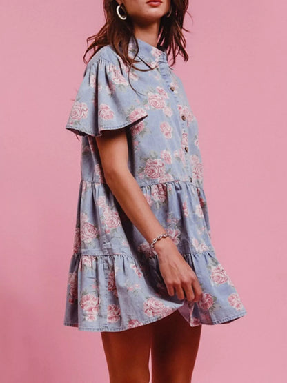 Hazel Blues® |  Floral Print Denim Button-Down Tiered Mini Dress
