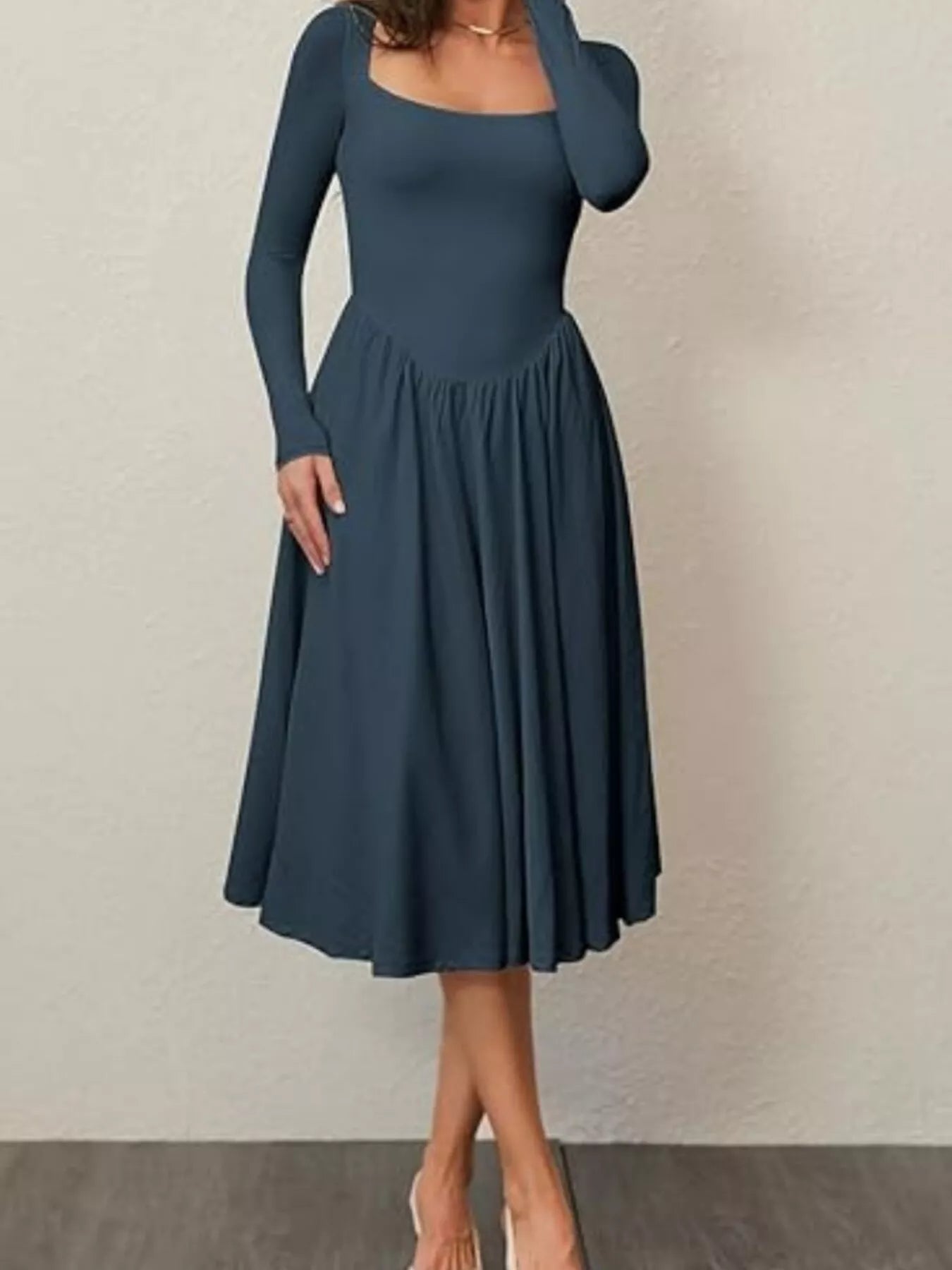 Hazel Blues® |  Square Neck Long Sleeve Midi Dress